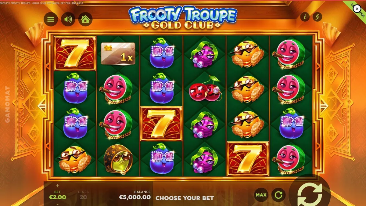 Tampilan visual mewah slot Frooty Troupe – Gold Club dengan nuansa emas dan simbol buah premium