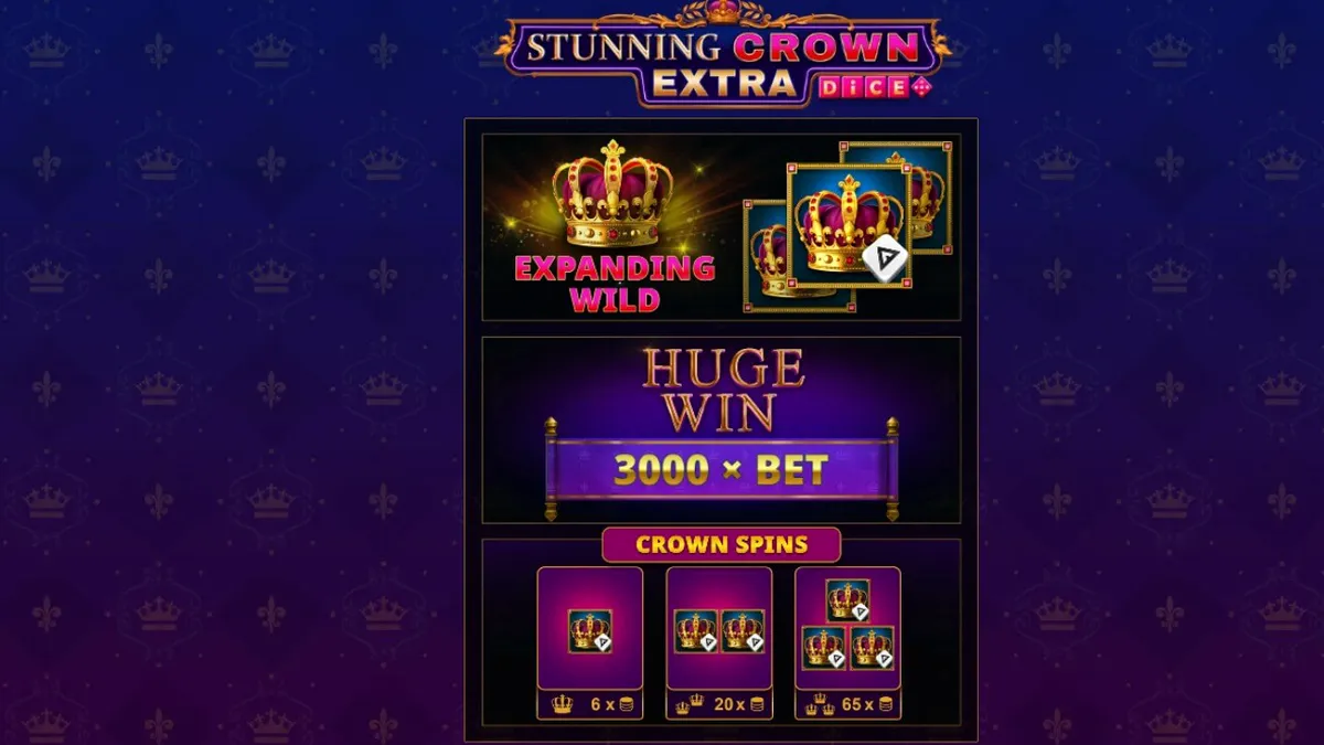Tampilan antarmuka seluler dari slot Stunning Crown Extra Dice yang menampilkan simbol mahkota dan permata.